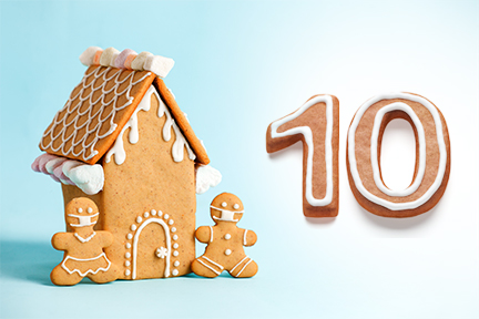 Gingerbread house next to the number 10