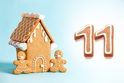 Gingerbread house next to the number eleven
