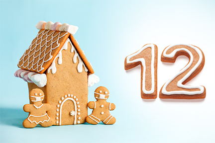 Gingerbread house next to the number twelve