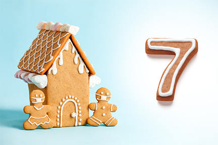 Gingerbread house next to the number seven