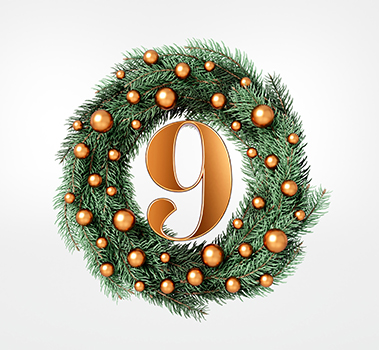 Holiday wreath with the number 9 inside of it